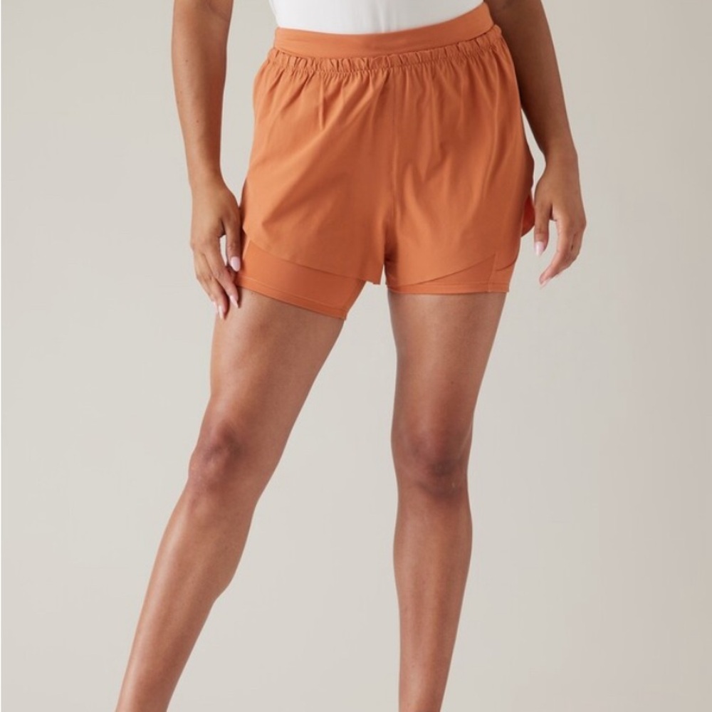 Athleta Mile Marker 2-in-1 short, orange, size medium